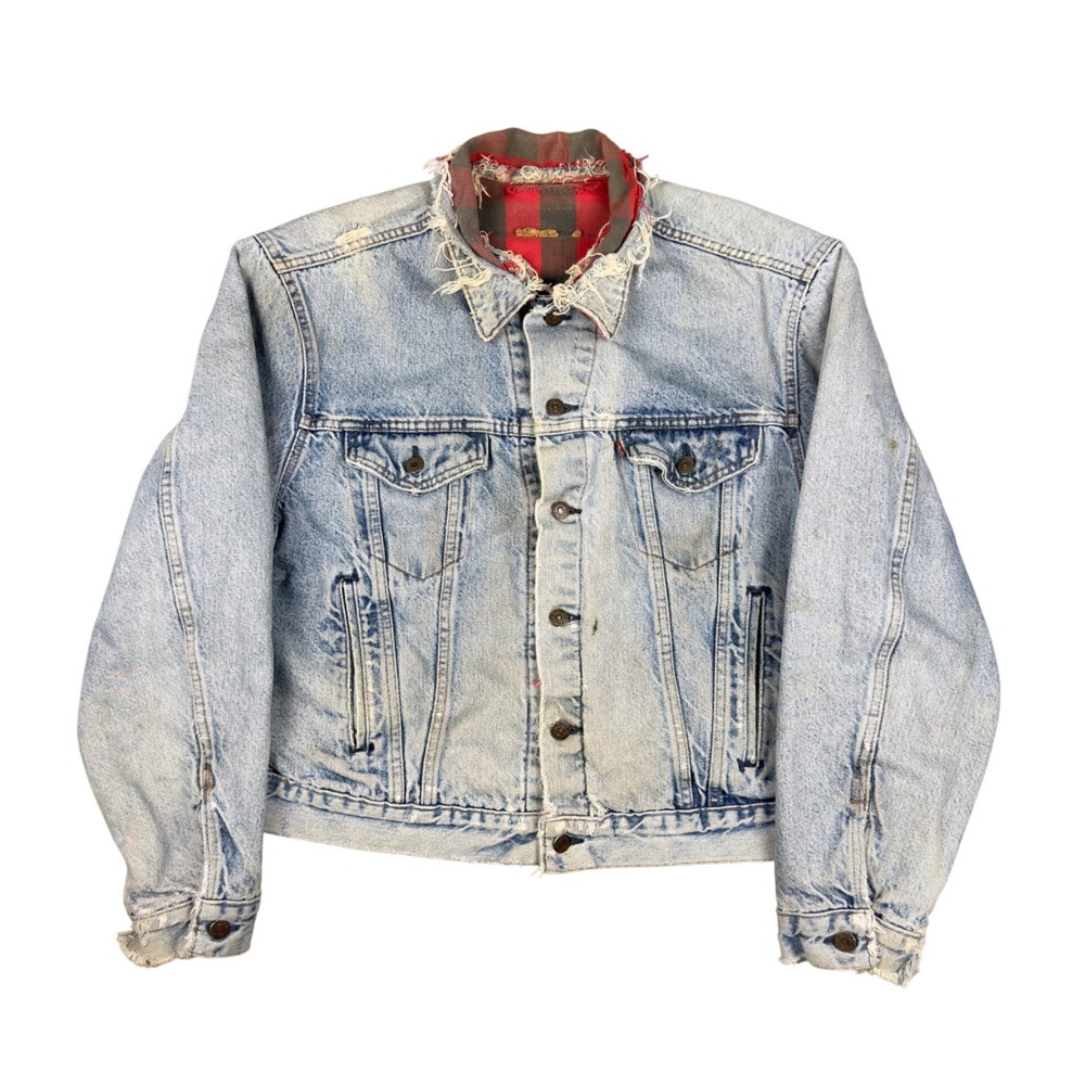 Vtg Thrashed 80s Levi's Denim Trucker Jacket L Buffalo Plaid Lined Distressed